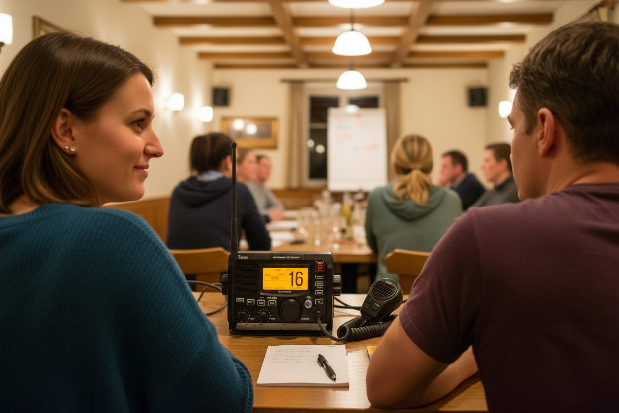 Teilnehmende eines SRC-Kurses sitzen an einem Tisch und üben den Seefunk mit einem UKW-Funkgerät. Im Vordergrund ist ein Funkgerät mit Mikrofon zu sehen, im Hintergrund lernen weitere Kursteilnehmende gemeinsam die Funkkommunikation für Sicherheit und Notfälle auf See.